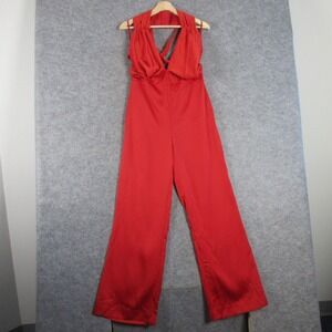 NBD Women's Halter Jumpsuit Ruched Back Straight Leg Plunge Deep V Red S 466